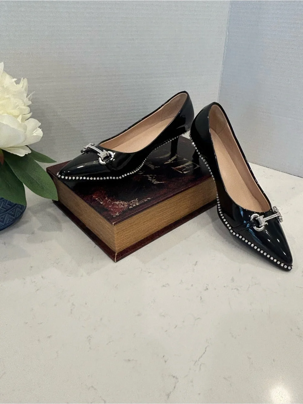 Pointed Patent Leather Flats with Silver Chain Detail - Black